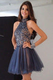 Cheap Short High-Neck A-Line Beading Tulle Homecoming Dresses OKC86