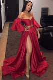 A-Line Off the Shoulder Red Split Front Long Prom Dresses with Belt Sleeves OKH8