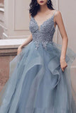 Deep V Neck Appliqued Spaghetti Straps Multi-Layered Organza Blue Bridal Dress OKS11