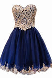 A Line Short Blue Gold Lace Appliques Prom Dress Homecoming Dresses OKF58
