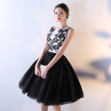 Black Tulle A Line Beading Short Bateau Homecoming Dress With Lace Top OKC7