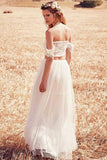 Two Piece Off-the-Shoulder Cheap Tulle Beach Wedding Dresses OKC93