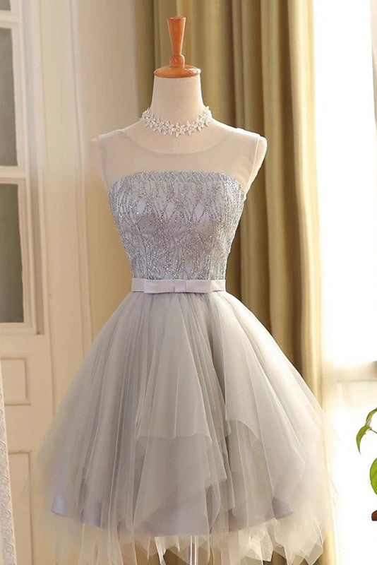 cute homecoming dresses,A-line homecoming dress,Gray Homecoming Dresses,sleeveless prom dress,Tulle homecoming dress,Short homecoming dress