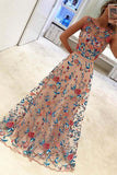 Unique Floral Embroidery Long A Line Prom Dress Evening Dresses OK936