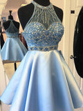 A Line Blue Satin Sleeveless Beaded Short Homecoming Dresses OKD98