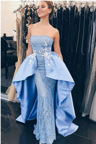 Modest Light Blue Strapless Satin Mermaid Prom Dress With Lace appliques OKB30