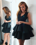 V Neck Lace Short Satin Layered A-Line Knee Length Short Prom Dress,Homecoming Dress OKC15