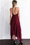 Chiffon Spaghetti Straps V Neck Cross Back Burgundy Assymetrical Hem Long Prom Evening Dress OK629