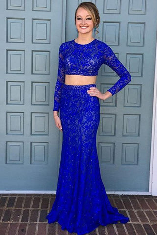 Elegant Prom Dresses,Sheath Prom Dress,Lace Prom Gown,Beading Evening Dress,Royal Blue Prom Dress,Two Piece Evening Dress