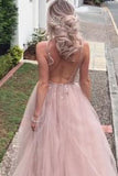 Luxurious Beaded V Neck Tulle Backless Sexy See Through Front Slit Pink Prom Dress OK612