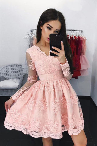 Cheap A-Line V-Neck Long Sleeves Short Pink Lace Homecoming Dresses with Appliques OKB37