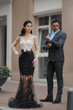 Mermaid Long Sleeve Black White Lace Appliques Prom Dresses,Formal Graduation Dresses OK680