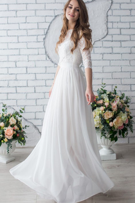 White Long Half Sleeve Chiffon Wedding Dress,Lace Beach Floor-Length Bridal Dresses OK618