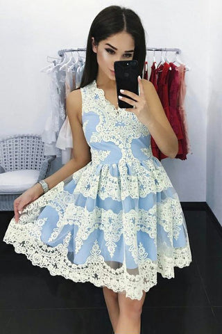 Beautiful A-Line V-Neck Short Blue Homecoming Dresses with Lace Appliques OKB35
