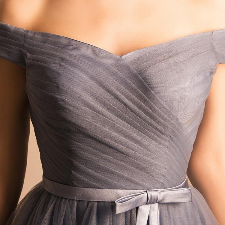 Grey A-line Simple Short Off the shoulder Pleated Homecoming Dress OKA59