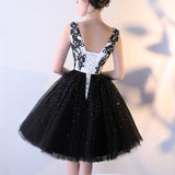 Black Tulle A Line Beaded Short Lovely Homecoming Dress With Lace Top OKC7