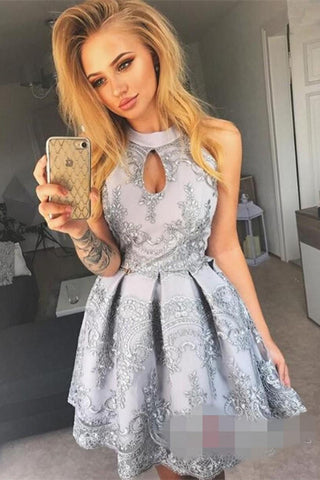 Sexy High Neck A Line Lace Mini Short Homecoming Dresses,Graduation Party Dresses OKC17