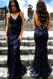 Mermaid Spaghetti Straps Lace Backless Navy Blue Prom Dresses OKJ31