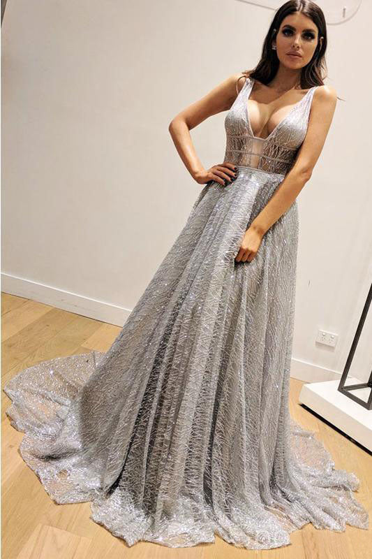 A-Line Sleeveless Silver Long Prom Dress, V Neck Sleeveless Prom Gown OKP78