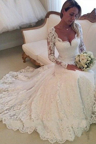 Gorgeous Ivory Lace Long Sleeves Bridal Dress Wedding Dresses OKP82