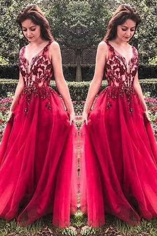 Unique Red V Neck Tulle Appliques Prom Dress, Long Party Gowns OKH15
