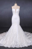 Sweetheart Mermaid Lace Appliques Button Back Long Wedding Dresses OKQ29