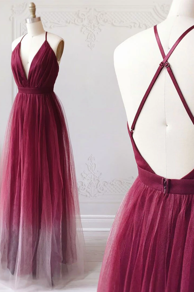 A-line Spaghetti Straps Ombre Long Tulle Prom Dress Party Dress OKR69