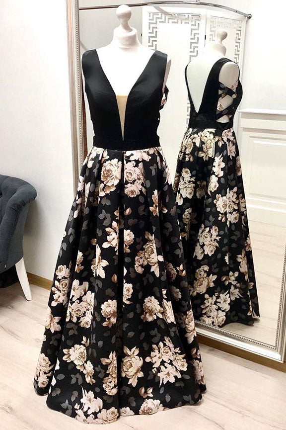 A Line V Neck Floral Prom Dress, Long Black Prom Gown OKK27