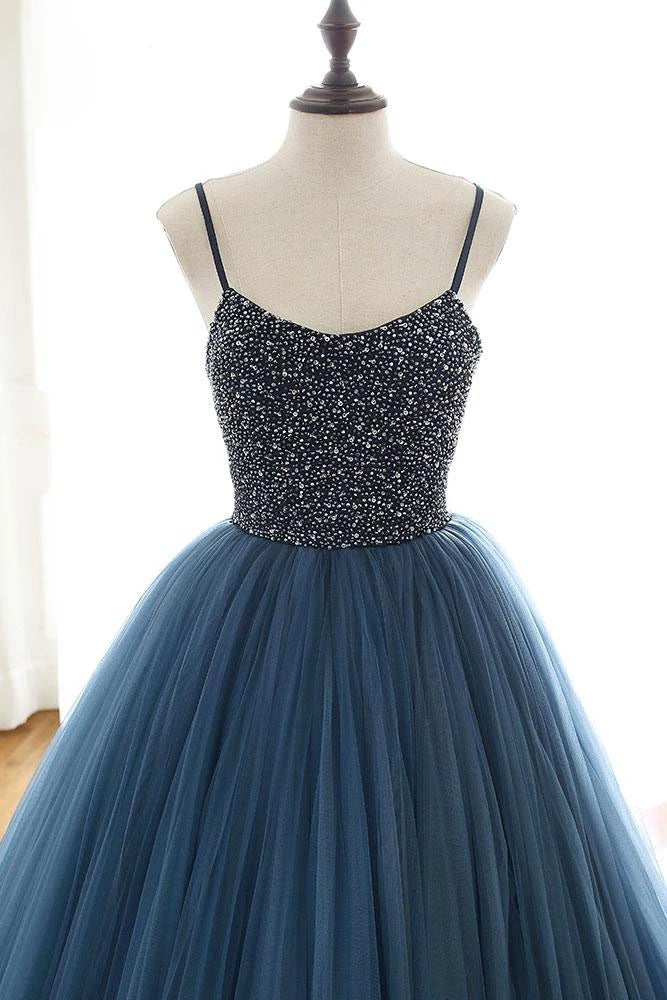 Ball Gown Blue Tulle Spaghetti Straps Prom Dress Evening Dress With Beading OKU4