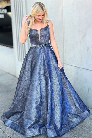 A-Line Square Criss-Cross Straps Blue Satin Prom Dresses with Beading OKF99