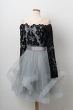A-Line Black Lace Off Shoulder Homecoming Dresses with Long Sleeves OKE15
