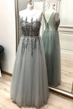 Gray A Line Tulle Appliques Prom Dress, Long Cheap Prom Gown OKK29