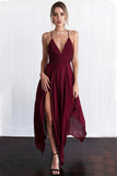 Chiffon Prom Dress,Spaghetti Straps Prom Dress,V Neck Prom Dresses,Burgundy Prom Dresses,Assymetrical Prom Gowns