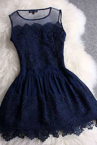 A line Mini Navy Blue Sleeveless Crew Short Homecoming Dresses With Lace OKD10