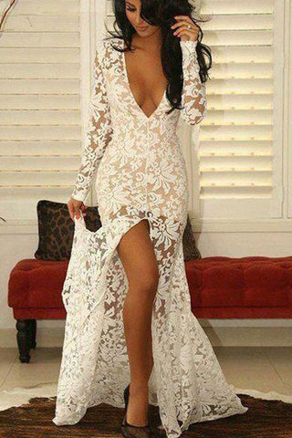 Mermaid Prom Dress,Deep V-Neck Prom Dresses,Long Sleeves Prom Dresses,Split Front Prom Dress,Ivory Prom Dresses,Lace Prom Gowns