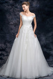 A Line Off the Shoulder Appliques Tulle Long Wedding Dresses, Bridal Dresses OKQ26