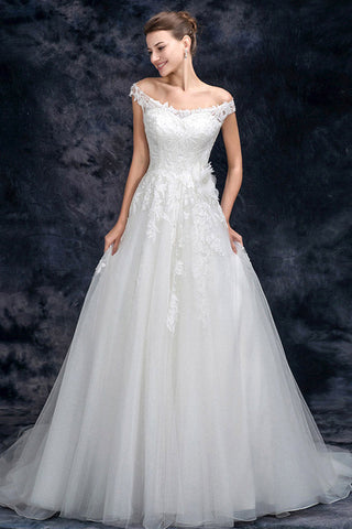 A Line Off the Shoulder Appliques Tulle Long Wedding Dress Bridal Dress OKQ26