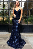 Mermaid Spaghetti Straps Lace Backless Navy Blue Prom Dresses OKJ31