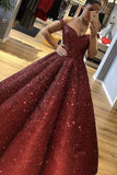 Burgundy Off the Shoulder Sequined Ball Gown Prom Dresses OKI82