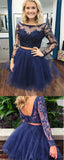 Two Piece Bateau Long Sleeves Dark Blue A Line Tulle Homecoming Dresses OKB79