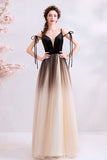 A Line Spaghetti Straps Tulle Long Prom Dresses, Charming Evening Dresses OKQ70