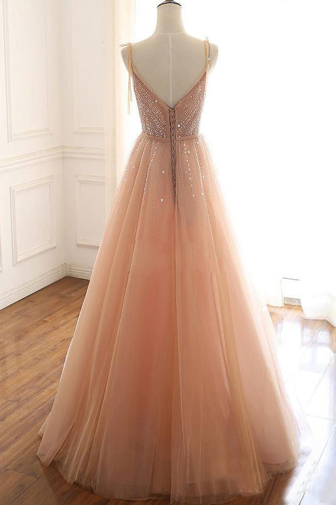 A Line Lace Up Back Spaghetti Straps Evening Dress Coral Tulle Sequined Prom Dress OKS15