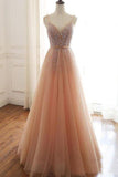 A-line Lace Up Back Spaghetti Straps Evening Dress Coral Tulle Sequins Prom Dress OKS15