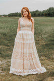 Ivory V Neck Long Lace Plus Size Prom Dress with Pocket Vintage Formal Dress OKH66