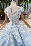 Princess Light Sky Blue Prom Dresses with Flowers, Ball Gown Quinceanera Dress OKP50