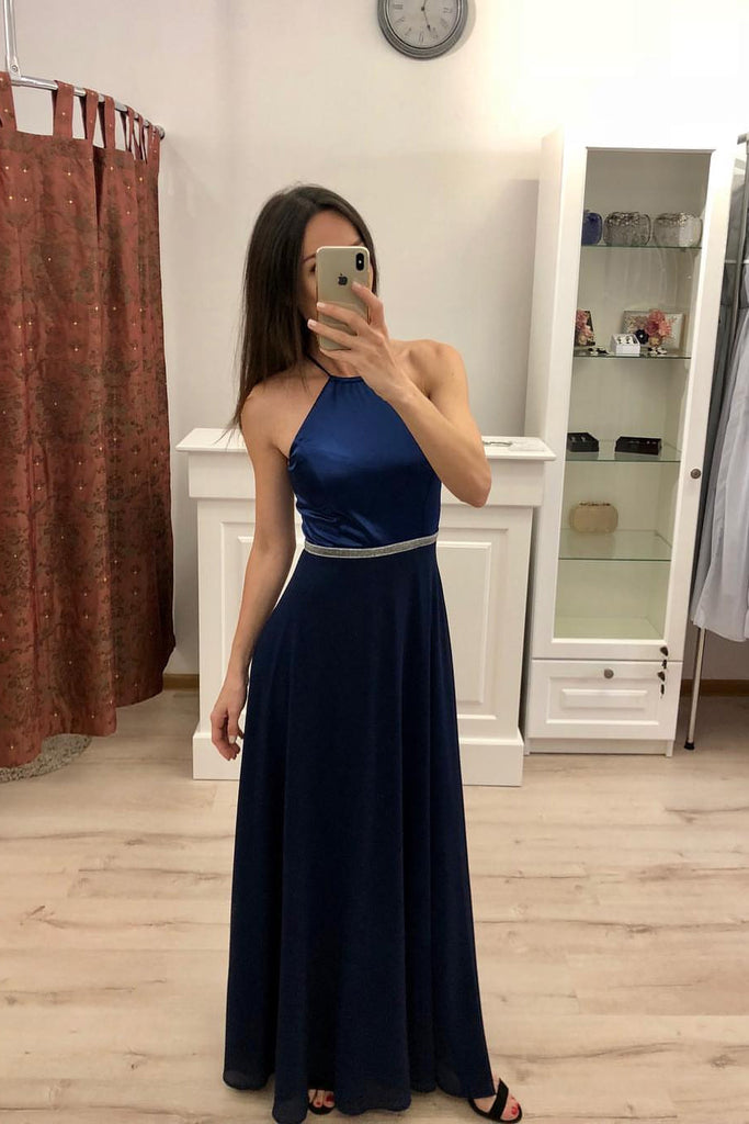 A Line Navy Blue Chiffon Long Prom Dress,Cheap Party Dresses OKI81