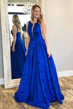 Charming A-Line Crew Floor-Length Royal Blue Printed Satin Prom Dress OKJ9
