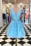 Blue Appliques Beaded Sleeveless A Line Tulle Short Homecoming Dress OKM30