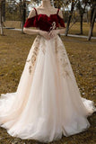 Vintage Red Top Straps Tulle Formal Dress A Line Long Appliques Prom Dress OK1110