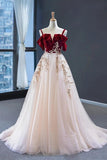 Vintage Red Top Straps Tulle Evening Dresses, A Line Long Appliques Prom Dress OK1110